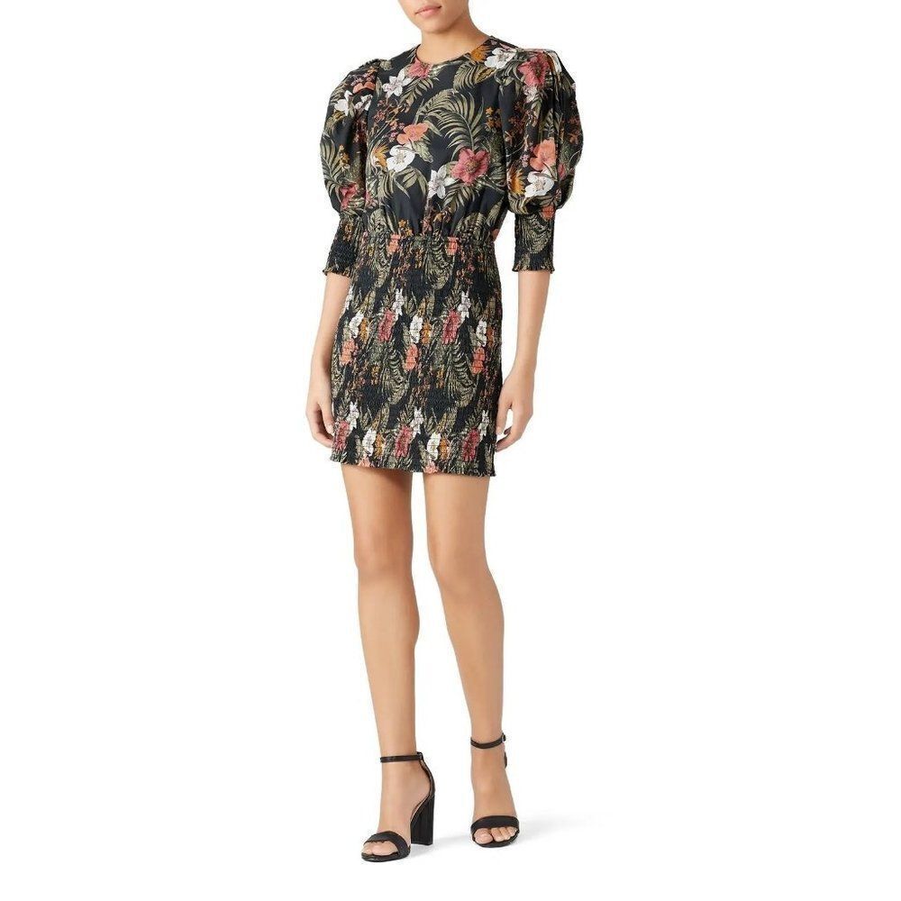 Rebecca Minkoff Tropical Floral Geneva Dress Puffed Sleeves Size S